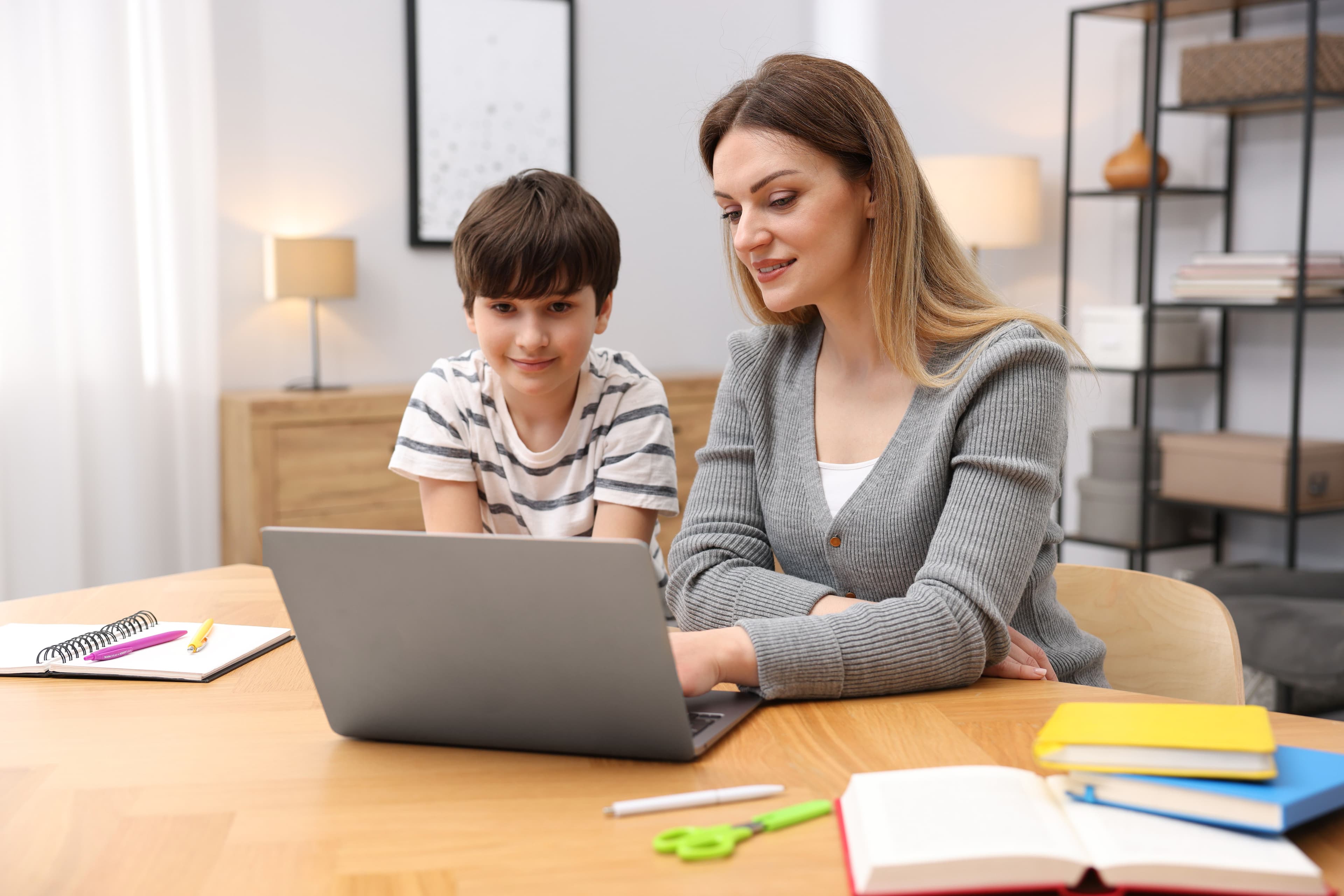 Parent and child answering questions together